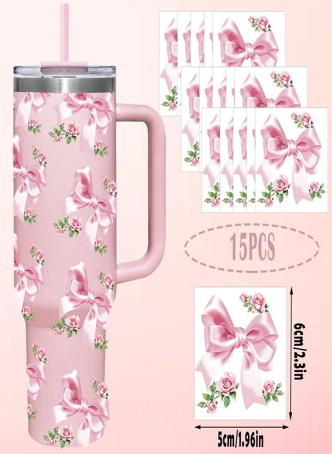 Foaryoer UV DTF Transfer Bow Stickers for Water Bottles,15 Sheets Pink Bow Rose Sticker for 40 OZ Love Shack Fancy Floral Stanley Cup Accessories, Cute Cup Stickers for DIY Tumbler,Water Bottles,Laptops(Pink) - Image 2